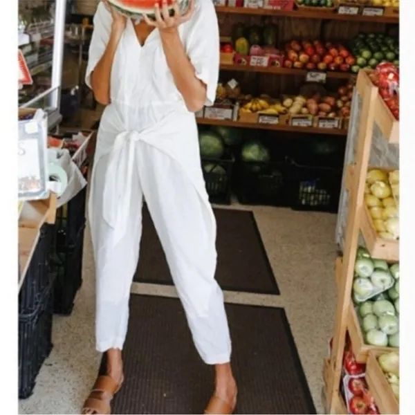 Free People ‘Shining Sun’ Front Waist Tie Linen Blend V Neck Jumpsuit Small - Image 3