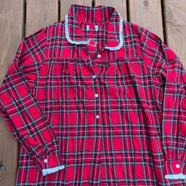 Lanz of Salzburg Nightgown‎ Traditional Red Plaid Eyelet Lace Trim Cotton Medium - Image 3