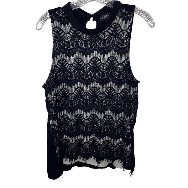 Black Lace Overlay Top Medium High Neck Keyhole Blouse Dark Academia Whimsigoth - Image 2