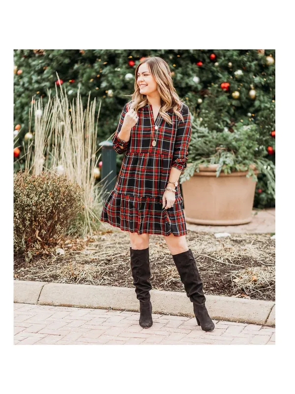 [LOFT] Plaid Split Neck Tiered Long Sleeve Flannel Mini Dress Relaxed Sz Large L - Image 2