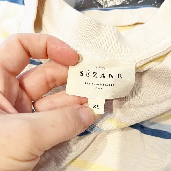 Sezane Short Sleeve Striped Cropped Boxy Tee Shirt Cream Blue XS - Image 3