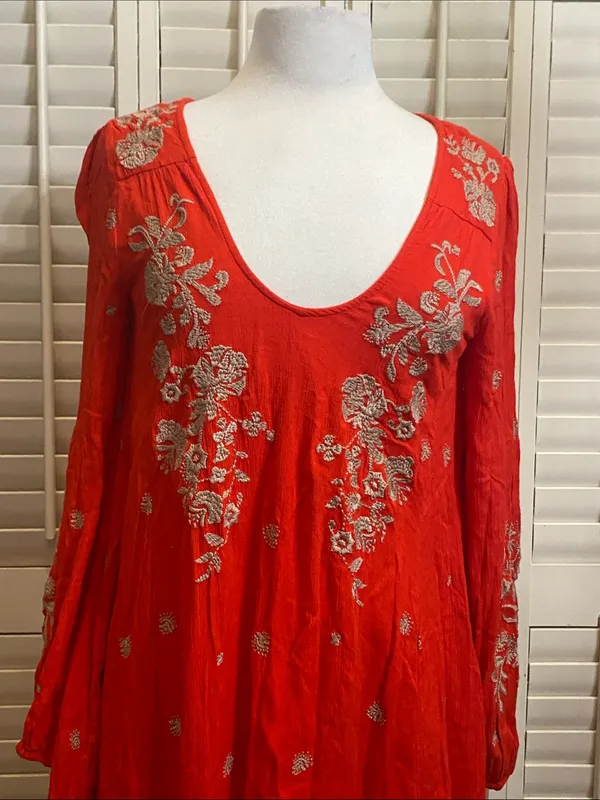 NWOT Free People Red Embroidered V-Neck Mini Babydoll Dress - Image 8