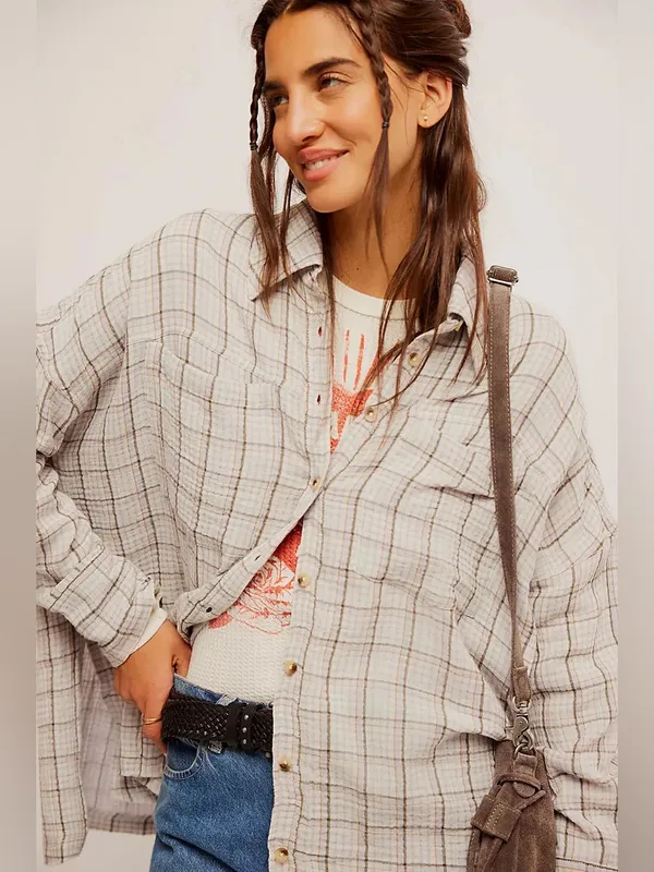 We The Free Cardiff Plaid Oversized Gauze Button Up Tunic Shirt Lilac Size Large - Image 10