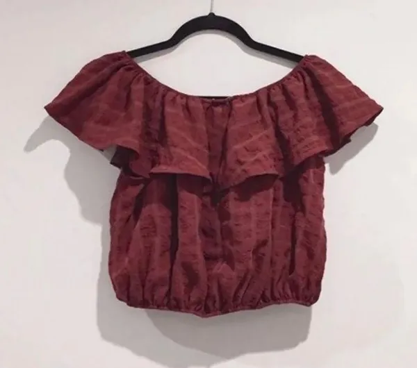 Urban Outfitters maroon grid off the shoulder ruffle coquette top - Image 8