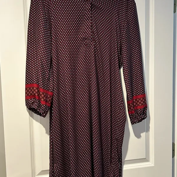 LOFT Burgundy White Patterned Long Sleeve Dress Sz M - Image 2