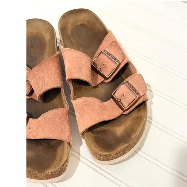 Birkenstock Arizona Suede Leather Sandals Pink Clay Two Strap Slides Womens 40 - Image 4
