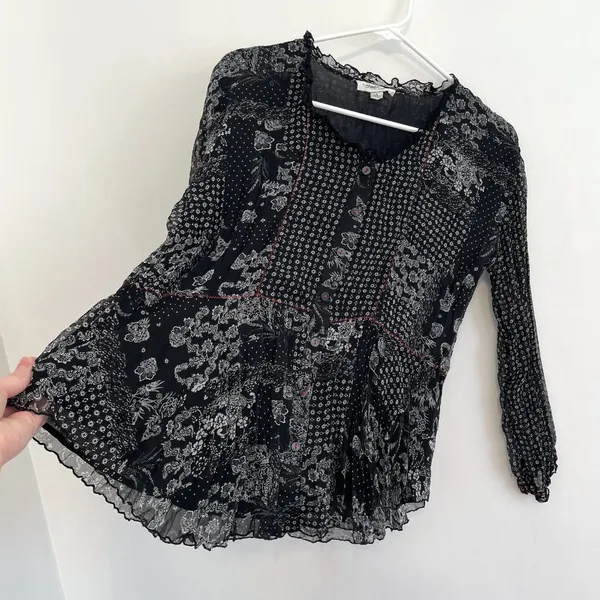 COLDWATER CREEK Black White Patchwork Floral Crinkle Button 3/4 Sleeve Blouse S - Image 11