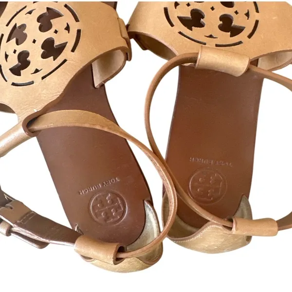 Tory Burch Zoey Leather Sandals‎ Tan Cutout Logo Flat Size 8 - Image 3