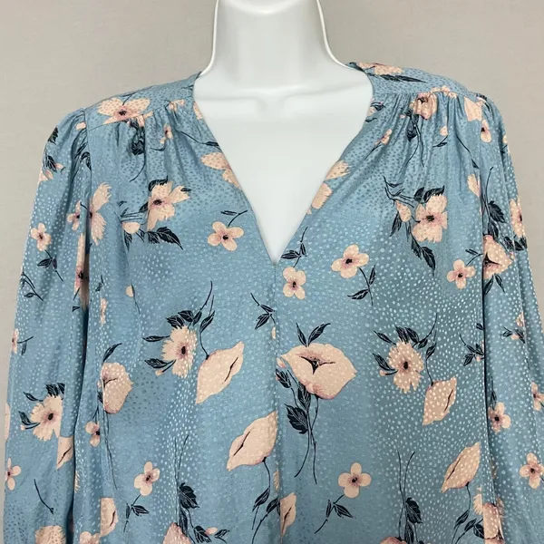 Rebecca Taylor Daniella Floral Blouse Dot Pattern Blue V-Neck Top Tie Cuff Women - Image 6