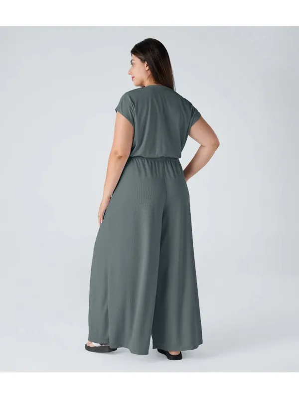 Halara V Neck Short Sleeve Side Pocket Wide Leg Flowy Waffle Jumpsuit Gray 1X - Image 2