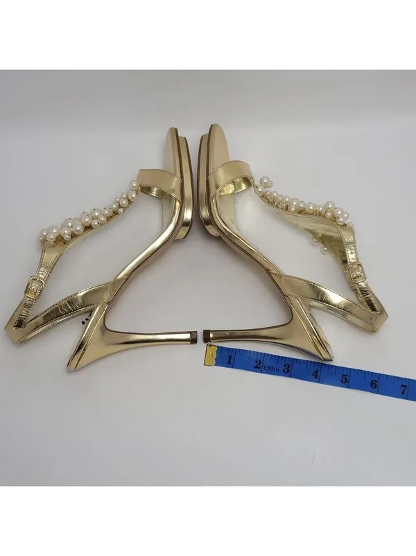 Alisha Hill Heels Cluster Faux Pearl T-Strap Open-Toe Metallic Gold Sandal Sz 8M - Image 10