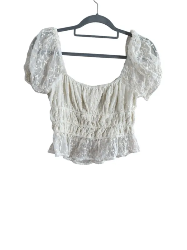 Japna Women's White Lace Puff Sleeve Crop Top M - Image 3