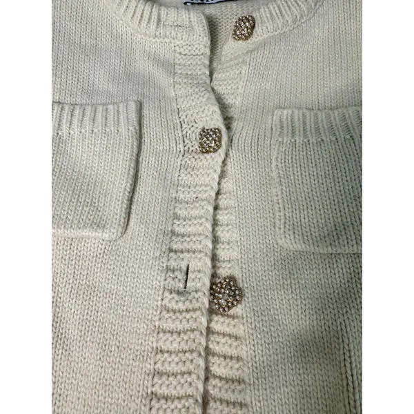 ZARA Cream Knit Cardigan Jacket Pearl Rhinestone Buttons 4 Pocket M - Image 5