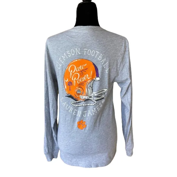 Lauren James Womens‎ Tee XS Gray Clemson Paw Power Long Sleeve Helmet Pearls - Image 3