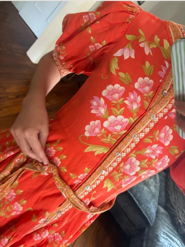 A Loves A Floral Puff-Sleeve Orange Belted Linen Mini Dress New Size Small - Image 6