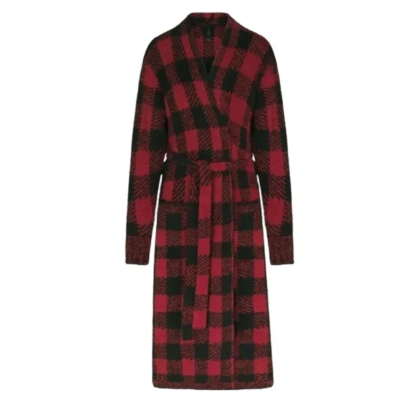 NWT SKIMS Knit Unisex Belted Robe Brick Buffalo Plaid Red Black Size S/M - Image 3