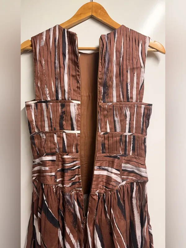 NEW Aje Gabrielle Stripe Pleated Linen Blend Midi Dress brown black small (8) - Image 11