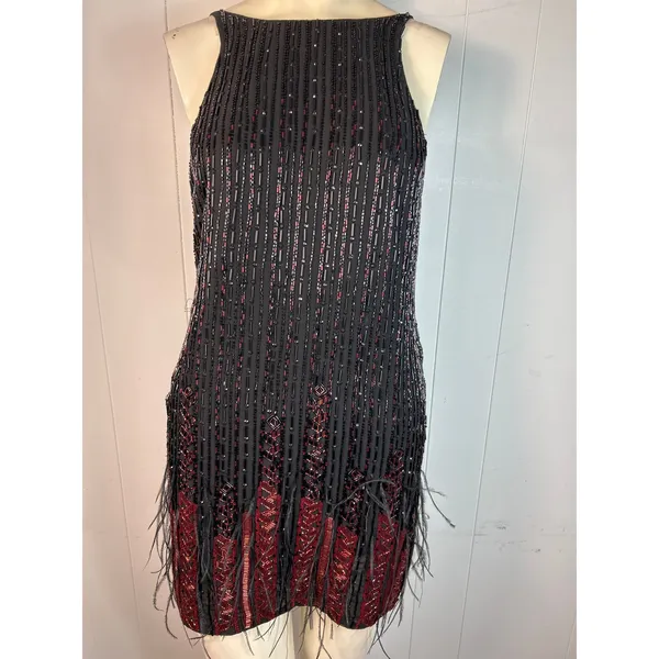 Parker Red/Black Monaco Beaded Feather Hem Flapper Mini Dress Size S - Image 6