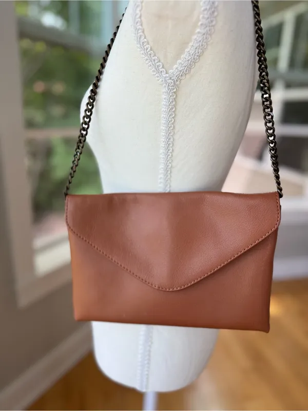 J. Crew Leather Envelope Clutch in Cognac Brown with Aged Brass Chain Strap - Image 10