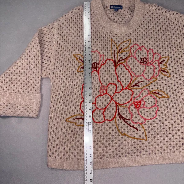 Democracy Womens Large Floral Embroidered Pointelle Knit Sweater Beige - Image 6