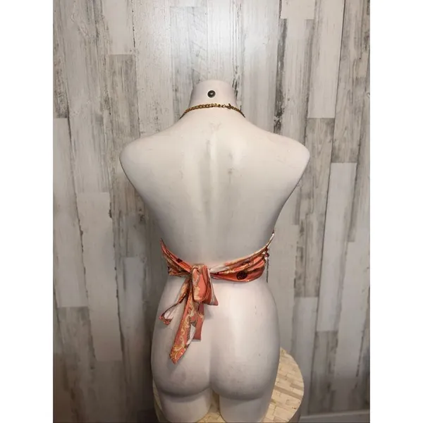 Penelope Boutique Satin Chain Halter Crop Top Pink Baroque Scarf Tie Back – Size - Image 6
