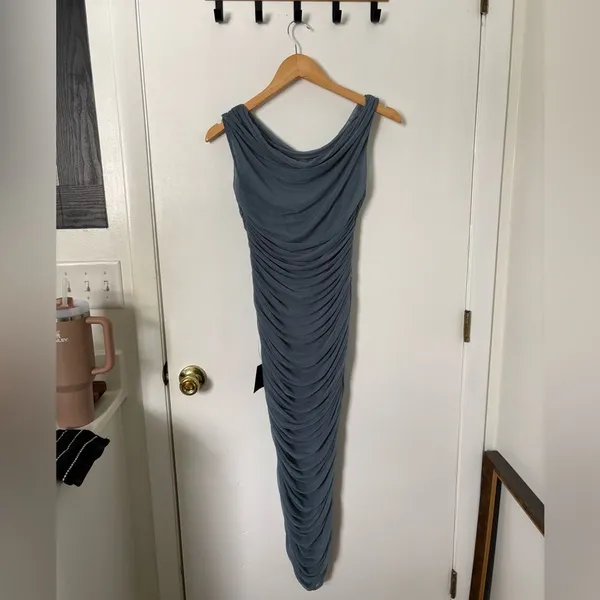 Lulus Sunama Slate Blue Mesh Ruched Bodycon Midi Dress Size Medium NWT Cocktail - Image 5