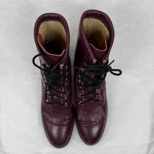 Justin L510 Burgundy Leather Lace Up Roper Boots Kiltie Fringe USA Made‎ 7B - Image 2