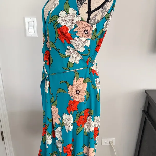Lulus Teal Floral Wrap Midi Dress Size M - Image 4