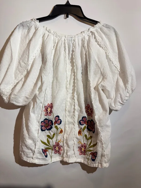 Anthropologie Embroidered Puff Sleeve Swing Floral Blouse Boho Cotton Top Size M - Image 3