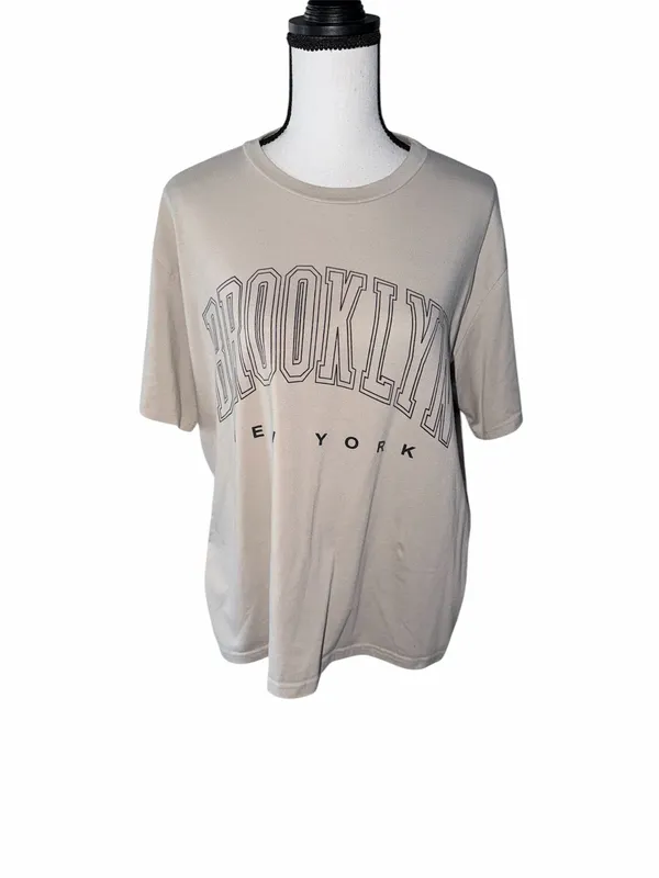SHEIN Brooklyn New York Oversized Graphic Tee Beige Retro Block Letter Shirt - Image 2