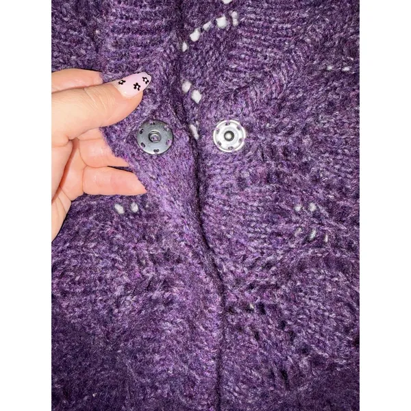 Free People Sweater Cardigan Wool Blend 4 Snap Purple Open Weave Chunky Knit M - Image 8