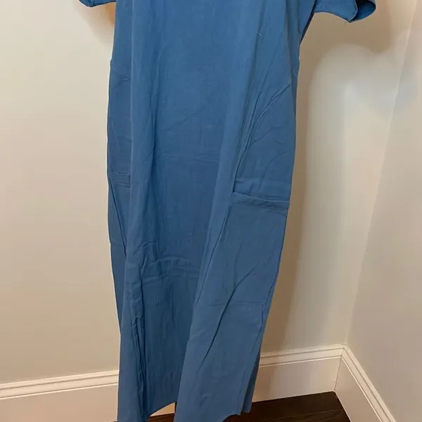 La Mode | Blue Short-Sleeve Jewel-Collar Pocket Midi Dress - Women Dress. Size L - Image 3