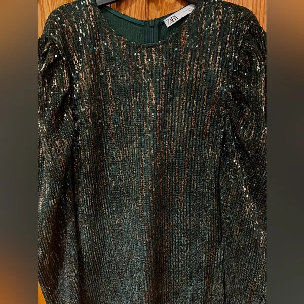 ZARA Sequin Puff Long Sleeve Special Limited Edition Emerald Green &‎ Gold Dress - Image 7