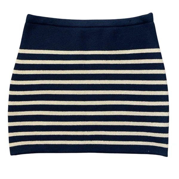 English Factory Knit Stretch Navy Blue & Cream Striped‎ Mini Skirt Size Large - Image 4
