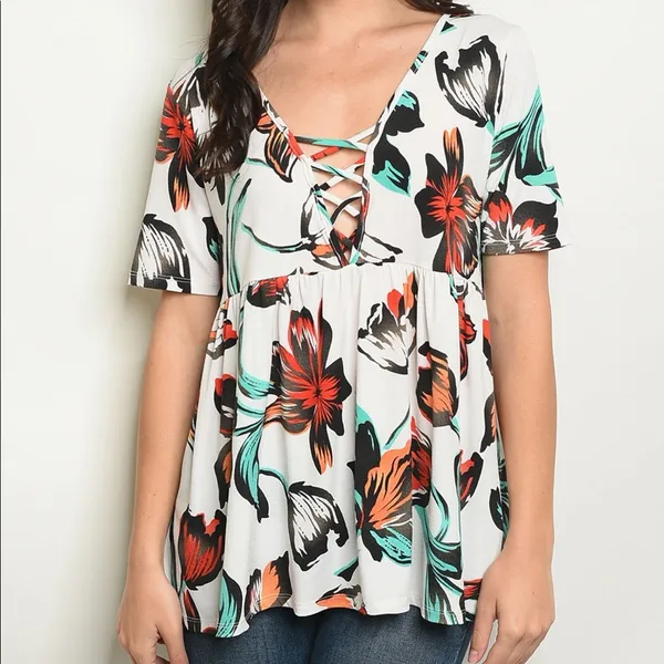 Floral Lace Up Babydoll Top Short Sleeve V Neck Stretch Blouse Size Small - Image 2