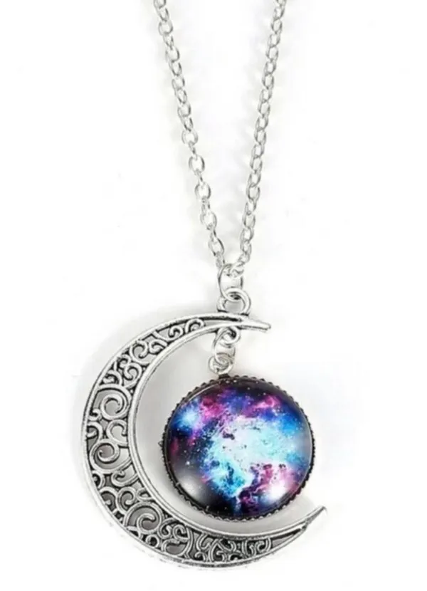 Galaxy & Silver Moon Dangle Pendant Necklace - Image 2