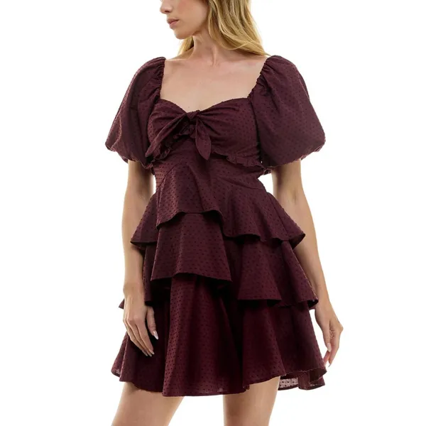 Crystal Doll Sweetheart-Neck Puffed Sleeve Fit Flare Dress Merlot Red 2XS - Image 9
