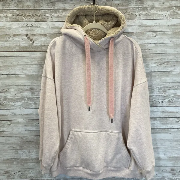 Aerie Womens L Hoodie Pink Oversized Tunic w/ Fur Lined Hood and Pocket Pullover - Image 2