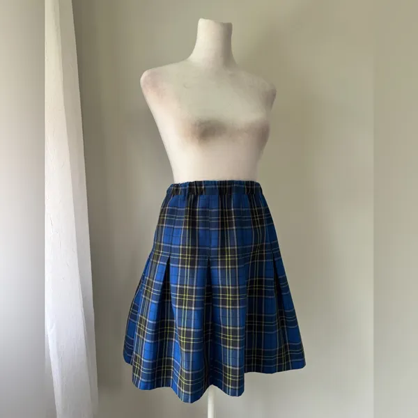 Royal Blue & Black Plaid Pleated Elastic Waist A-Line Knee Length Skirt - Image 3
