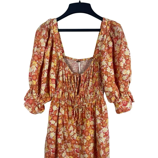Free People Show Me Love Romper XS Floral Boho Linen Blend Smocked Puff Sleeve - Image 4