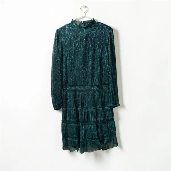 Women's Green Metallic Tiered Long Sleeve Mini Dress - Image 2