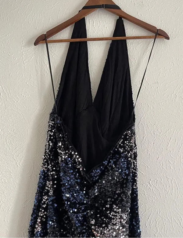 FREE PEOPLE Glitter & Gold Midi Sequined Halter Dress Size L Open Back - Image 6