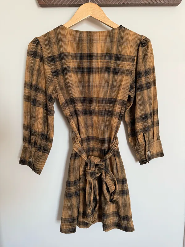 Free People English Rose Plaid Mini Dress Linen Blend Size 2 - Image 5