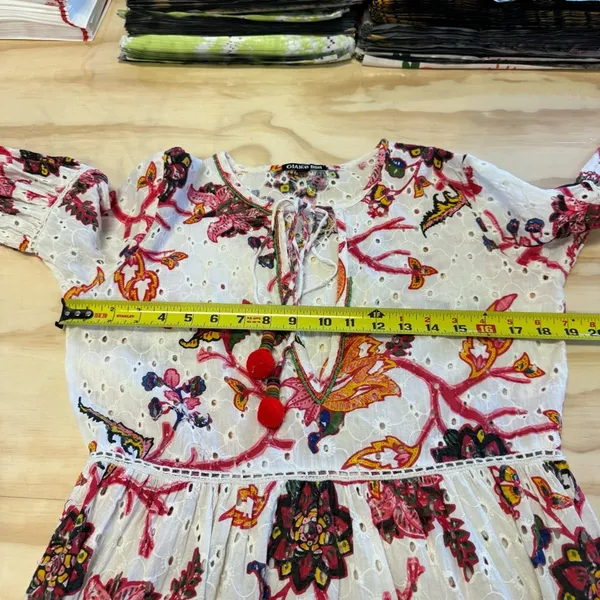 Gianni Bini 3/4 Sleeve Mini Dress‎ Babydoll Tassels Cotton Boho Floral Eyelet XS - Image 12