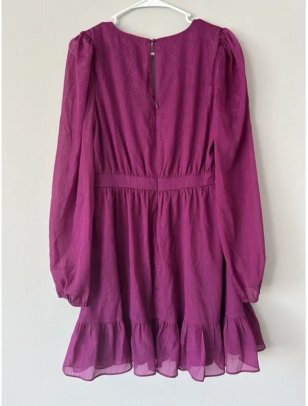 Lulus New Purple Magenta Metallic Sheer Long Sleeve Mini Dress Size Medium Party - Image 2