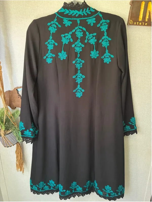 Soft Surroundings Padma Black Kimono XS Teal Embroidered Lace Trim - Image 6