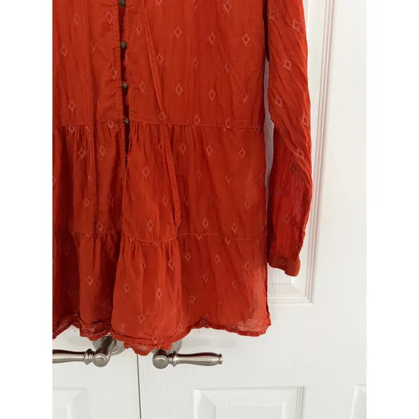 Free People Pilcro Anthropologie Rust Orange Tiered Tunic Blouse Embroidered Boho Cotton - Image 7