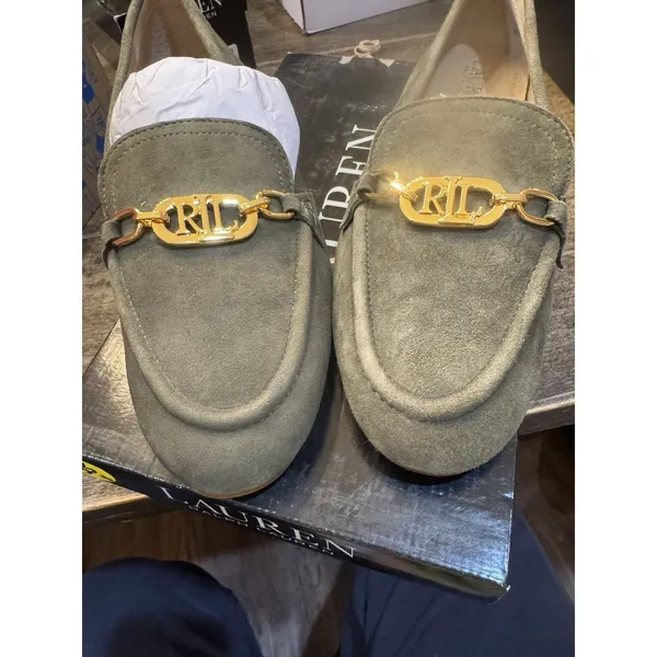 Lauren Ralph Lauren Averi Suede Slip On Loafers Size 5 Classic‎ Olive Monogram - Image 10