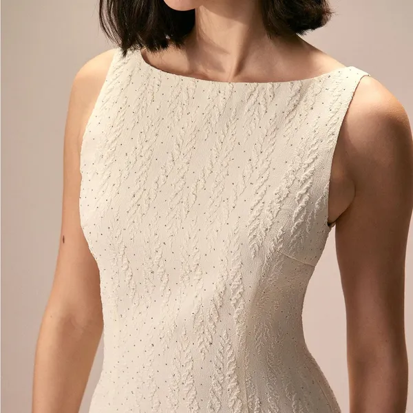 RIHOAS The Beige Boat Neck Textured Mini Dress - Image 5