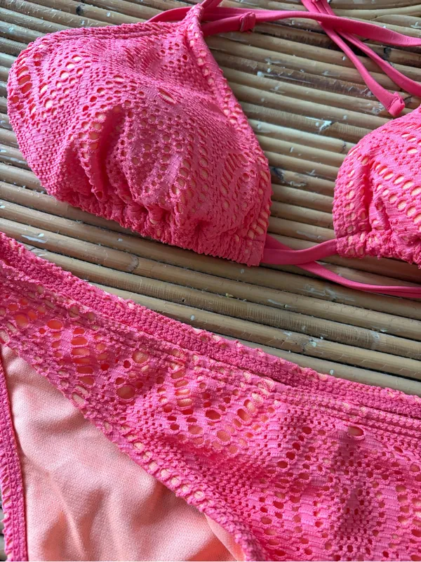 No Boundaries Coral-Orange & Hot Pink Crochet Bikini Set - Image 2